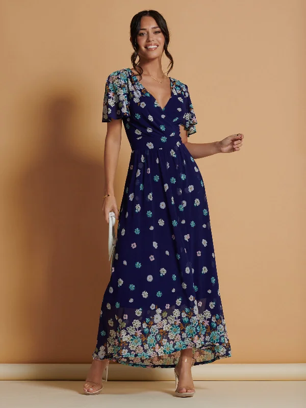 Maxi - inspired midi dresses with flowing fabrics for a beachy vibe Mirrored Angel Sleeve Mesh Maxi Dress, Blue Floral