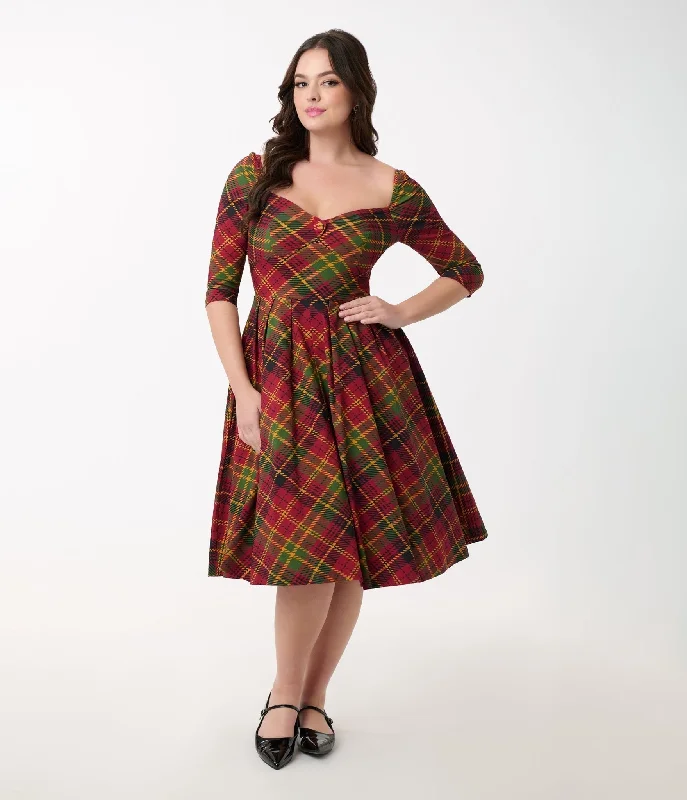 Everyday Dress with Breathable Linen - cotton Blend for Summer​ Unique Vintage 1950s Burnt Orange & Green Plaid Lamar Swing Dress