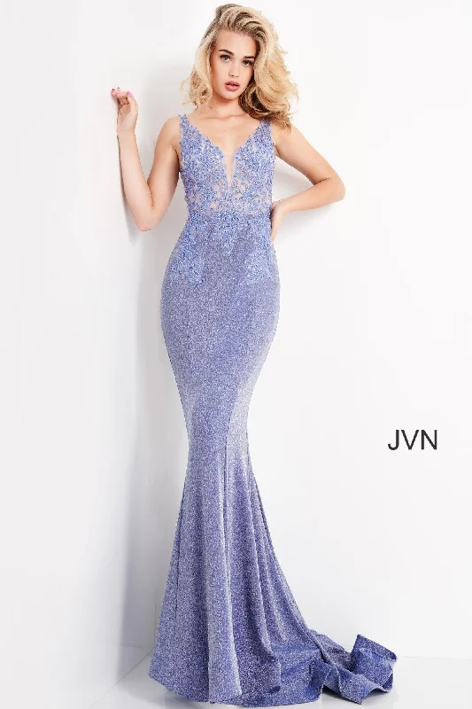 Long - sleeved lace wedding dresses for a modest style​ Jovani 06505 Floral Bodice Sheath Long Prom Dress