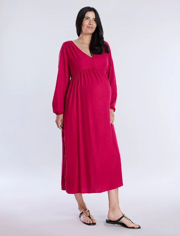 Maternity dress for a baby's first train journey Long Sleeve Button Front Midi Dress