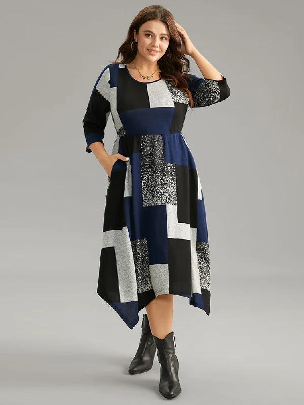  Colorblock Contrast Round Neck Elastic Waist Dress