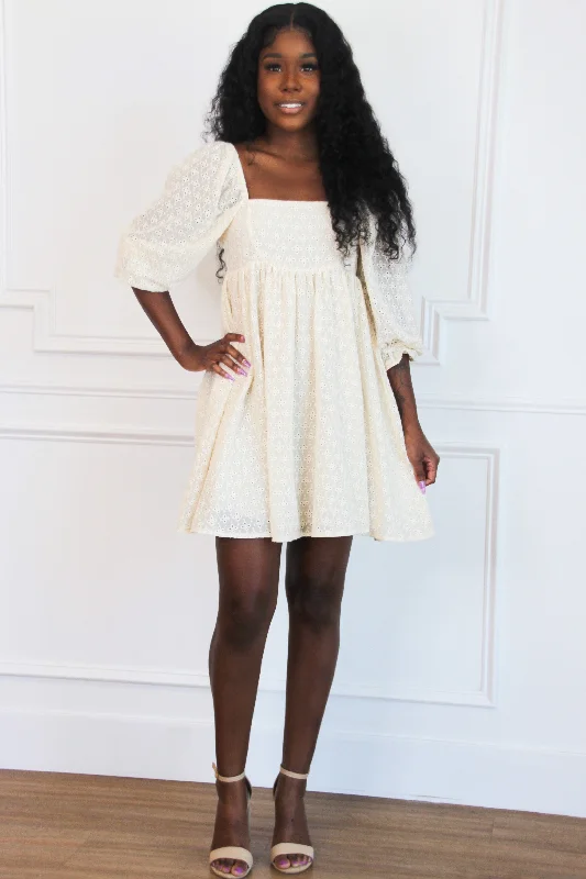 Drawstring - Waist Casual Dresses for Adjustable Tightness​ Sweetheart Eyelet Babydoll Dress: Cream