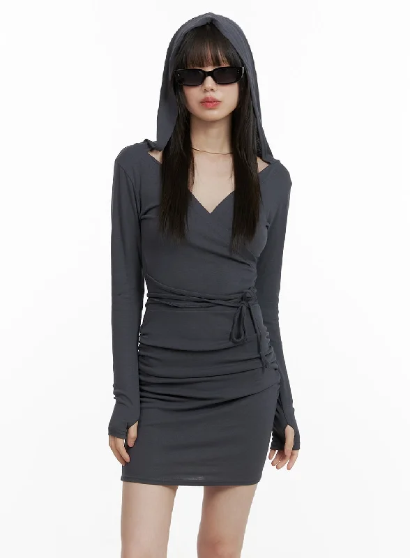Mini dresses with wrap - around styles V-Neck Wrap Hooded Mini Dress CY428