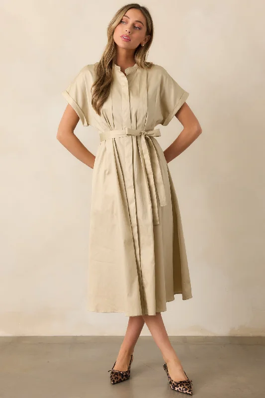 Maternity Casual Dresses for Pregnant Women​ Late Nights Beige Cotton Button Front Midi Dress