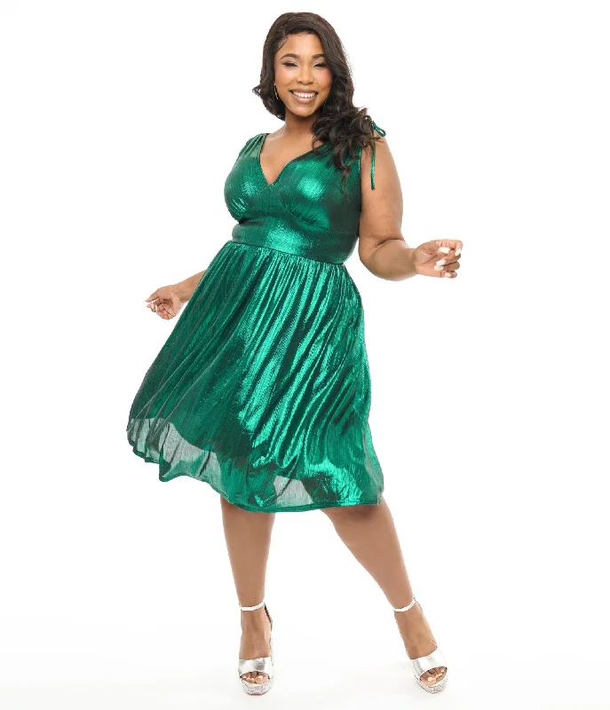 Everyday Dress with Paisley Print for a Vintage Look Hell Bunny Plus Size 1970s Green Metallic Gigi Midi Dress