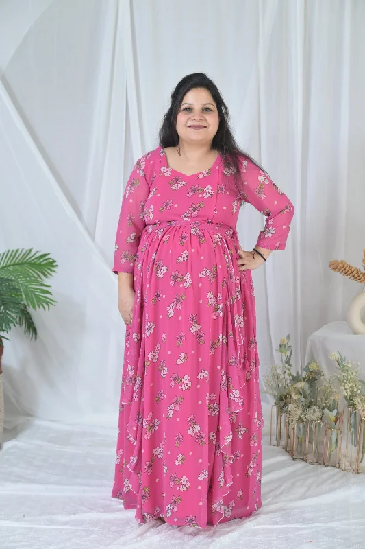 Maternity dress for a baby's first visit to the planetarium Blossom Rose Pink Maternity & Nursing Flow Dress