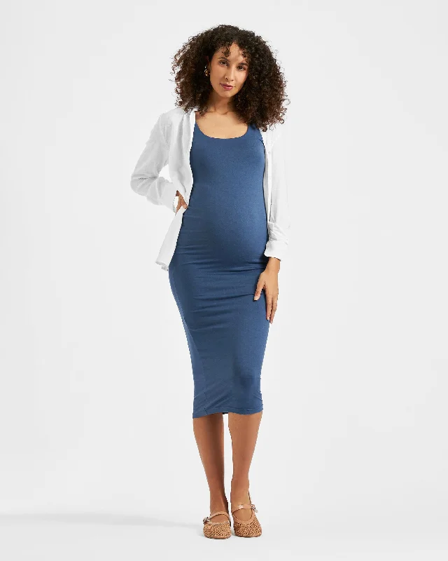Maternity dress for a baby's first visit to the concert Luxe Knit Contour Dress Deep Blue