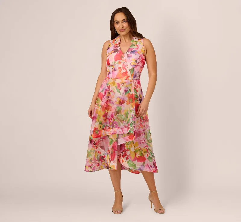 Midi dresses with ribbed textures for a unique and tactile appearance Plus Size Sleeveless Floral Organza Collared High Low Dress In Pink Multi Midi dresses with ribbed textures for a unique and tactile appearance Plus Size Sleeveless Floral Organza Collared High Low Dress In Pink Multi
