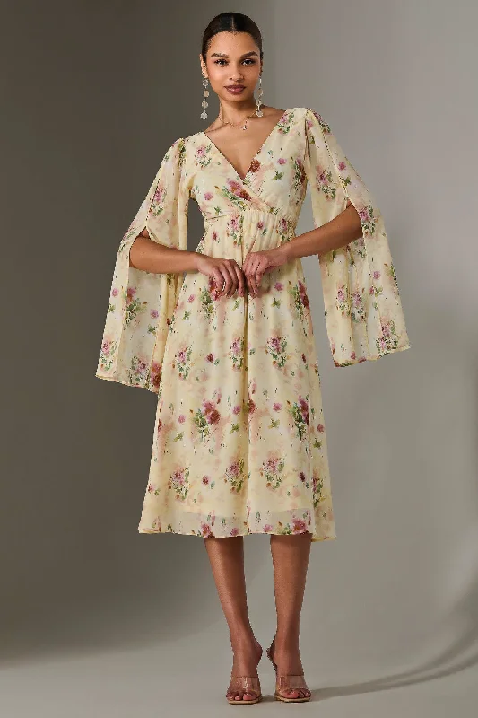 Midi dresses with button - down skirts for a unique and functional design Chiffon Split Sleeve Midaxi Dress, Yellow Floral Midi dresses with button - down skirts for a unique and functional design Chiffon Split Sleeve Midaxi Dress, Yellow Floral