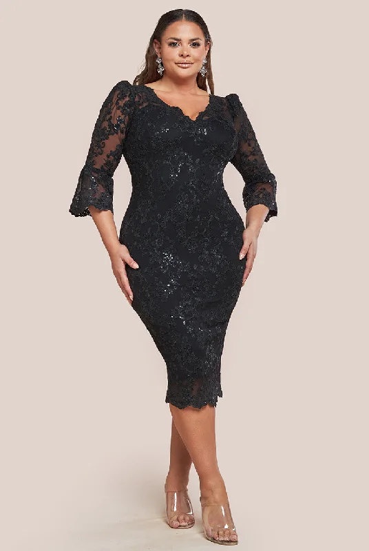 Midi dresses with wrap - around skirts for a customizable fit Goddiva Plus Scallop Lace Midi Dress - Black Midi dresses with wrap - around skirts for a customizable fit Goddiva Plus Scallop Lace Midi Dress - Black