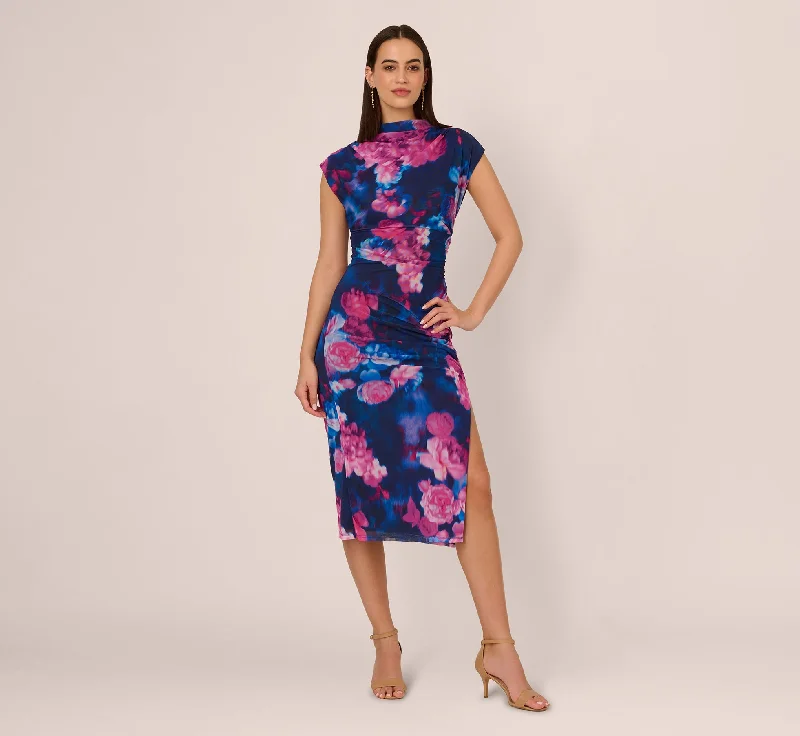 Everyday Dress with Halter Neck for a Sexy Look​ Sleeveless Floral Mesh Draped Midi Dress In Navy Pink Multi