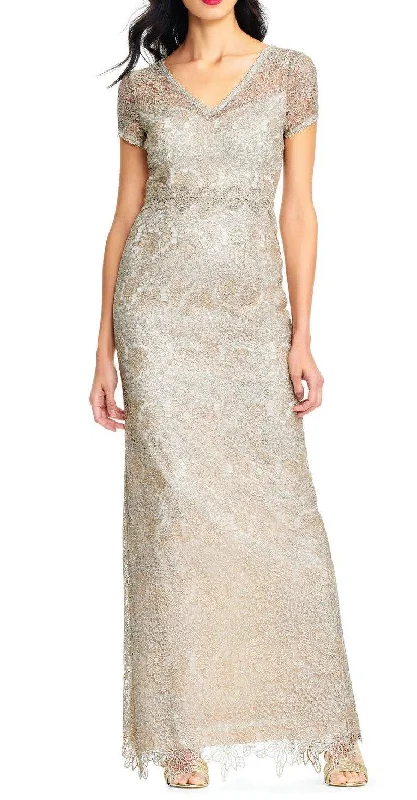 Wedding dresses with a mermaid - style skirt and a ball gown overlay​ Adrianna Papell AP1E202688 Short Sleeve Slit Back Metallic Lace Dress