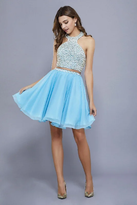 Halter - neck wedding dresses with a unique neckline​ Short Two Piece Set Beaded Halter Prom Sale