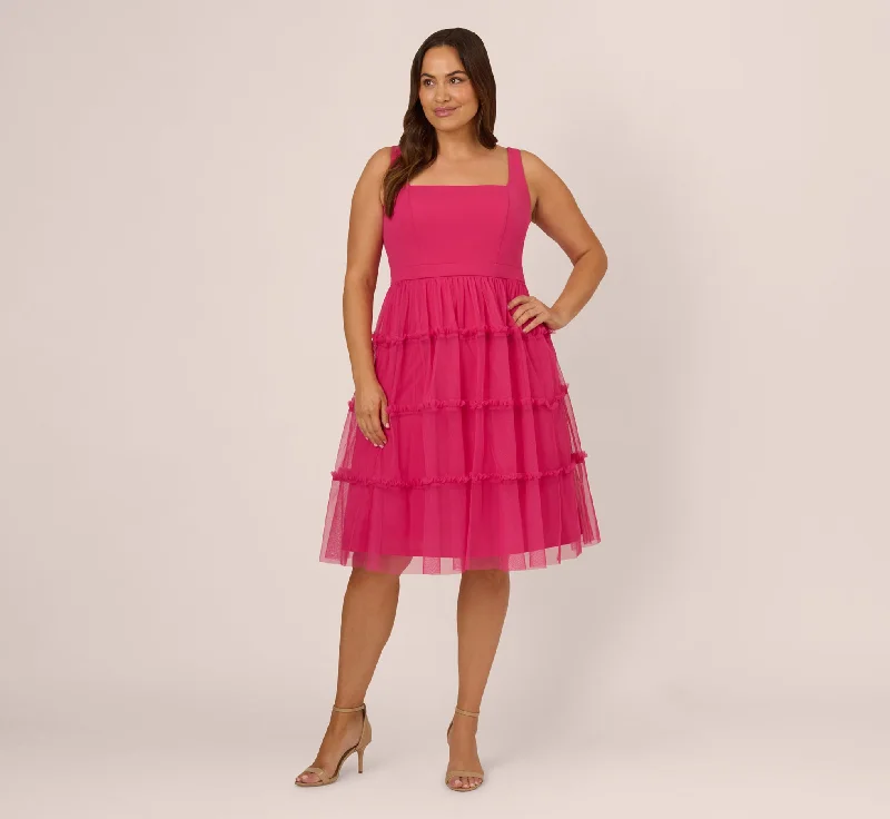 Midi dresses with ruffled sleeves for a more feminine and voluminous look Plus Size Sleeveless Midi Dress With Square Neck And Tiered Skirt In Bright Rose Midi dresses with ruffled sleeves for a more feminine and voluminous look Plus Size Sleeveless Midi Dress With Square Neck And Tiered Skirt In Bright Rose
