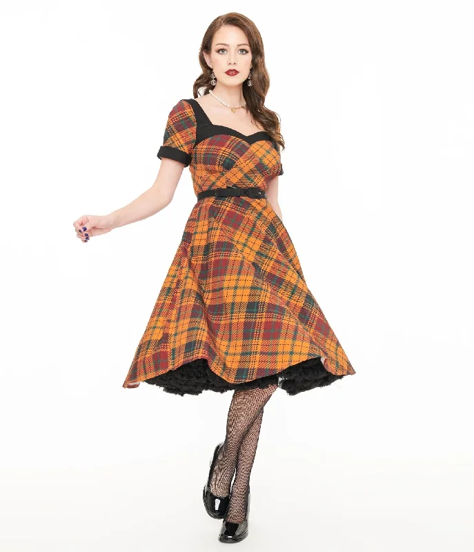 Unique Vintage 1950s Mustard Yellow & Burgundy Plaid Swing Dress