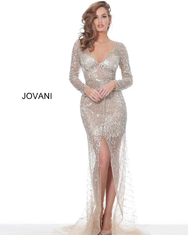 Off - the - shoulder wedding dresses with ruffled sleeves​ Jovani 02497 Long Sleeve Formal Beaded Evening Gown
