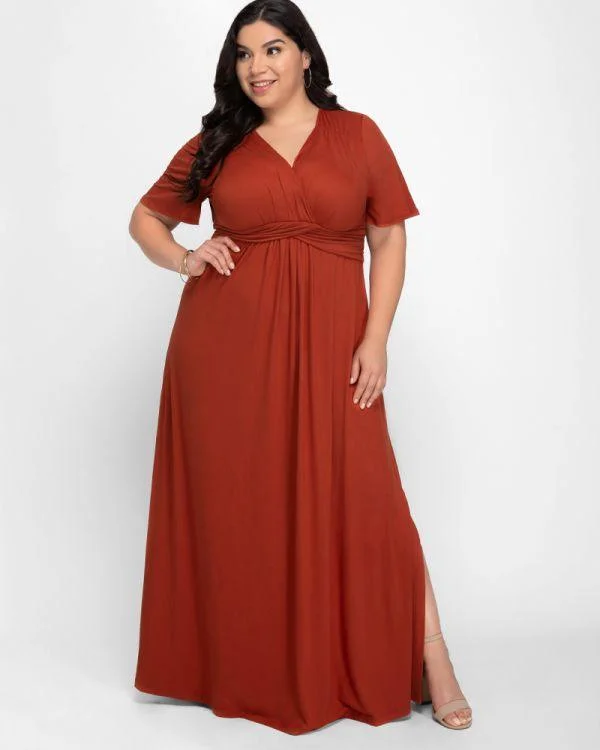Maternity dress with side ruching to accommodate bump Kiyonna Long Formal Maxi Dress