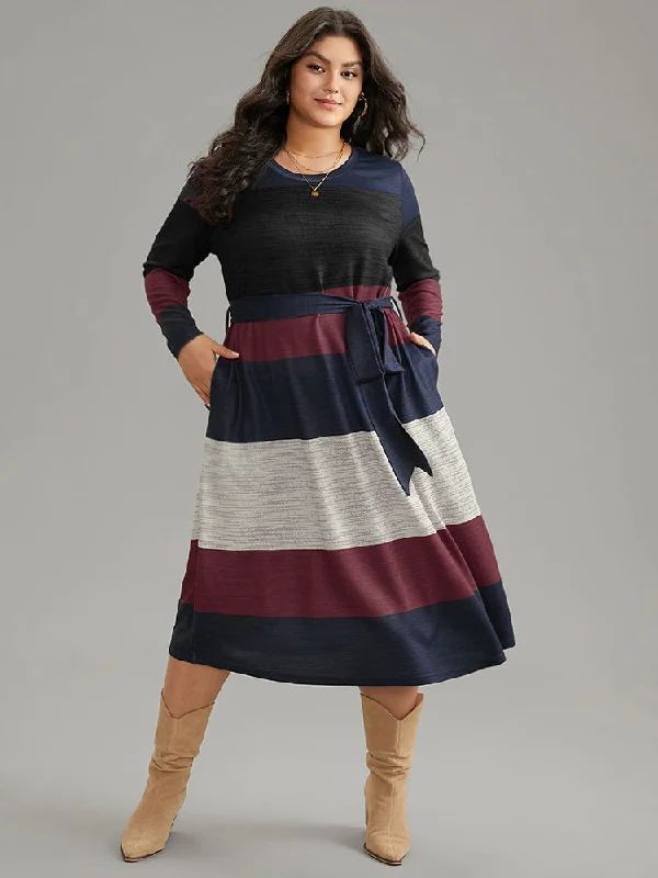  Colorblock Contrast Heather Belted Dress