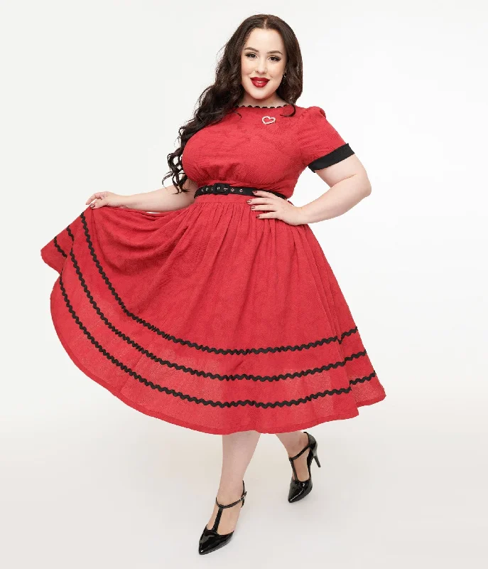 Everyday Dress with Bishop Sleeves for a Victorian - inspired Look​ Unique Vintage Plus Size 1950s Red & Faux Pearl Heart Pin Cotton Swing Dress
