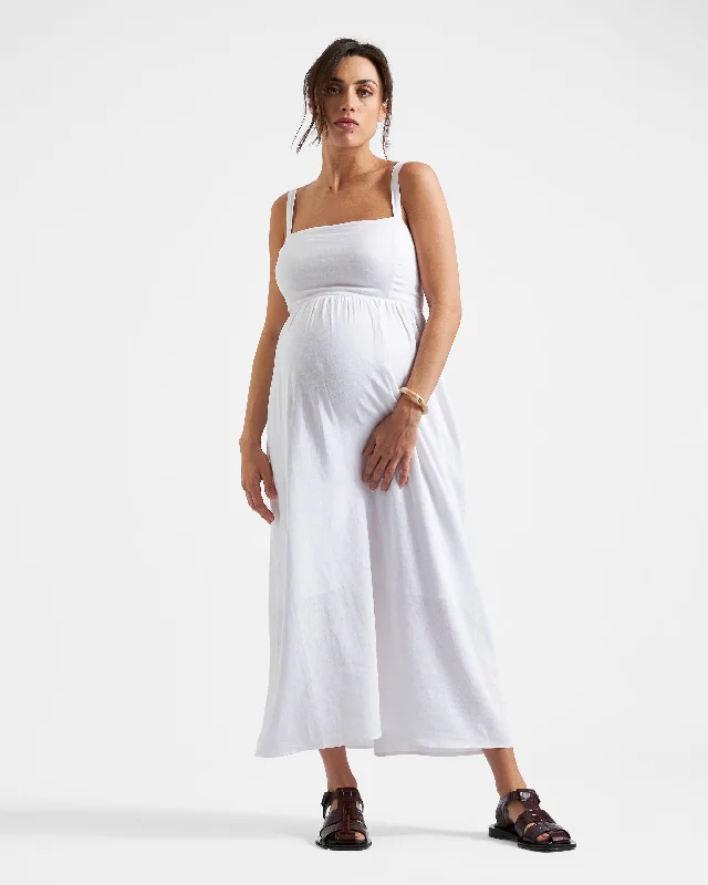 Maternity dress for a baby's first visit to the aquarium Simone Tie Back Linen Dress  White