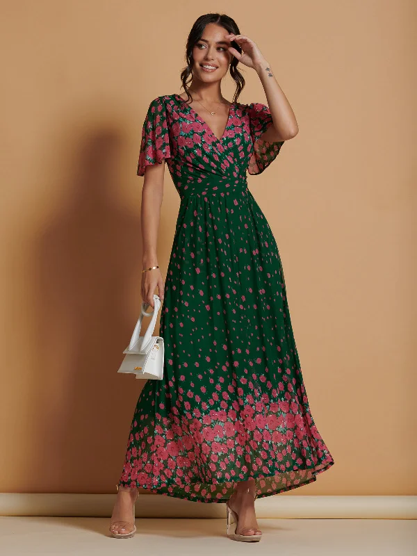 Midi dresses with bow accents for a sweet and charming look Mirrored Mesh Angel Sleeve Maxi Dress, Green Floral Midi dresses with bow accents for a sweet and charming look Mirrored Mesh Angel Sleeve Maxi Dress, Green Floral
