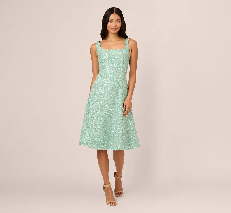 A - line midi dresses with floral prints for spring brunches Fit And Flare Sequin Boucle Dress In Sage A - line midi dresses with floral prints for spring brunches Fit And Flare Sequin Boucle Dress In Sage
