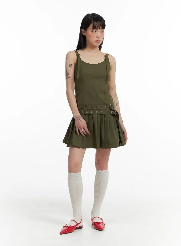 Mini dresses with keyhole necklines Low Hem Buckle Pleated Strap Mini Dress IF423