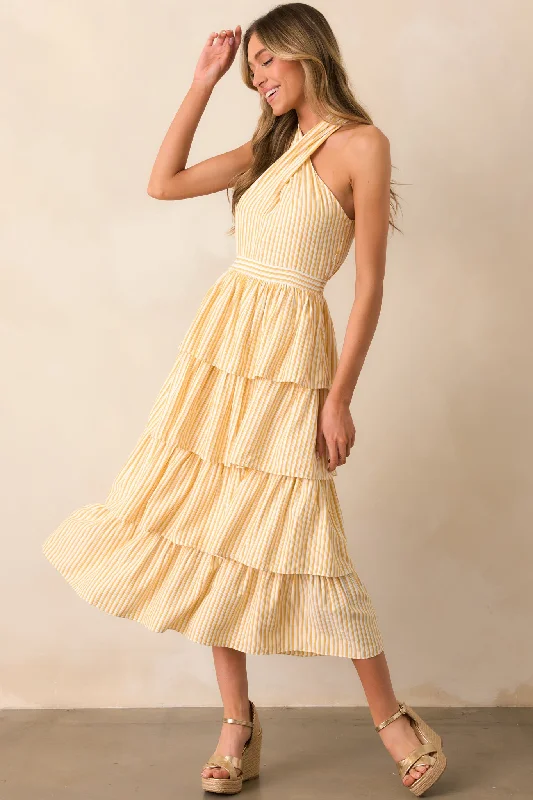 Custom - Made Casual Dresses for a Personalized Fit Where I Want To Be Yellow Stripe Tiered Halter Maxi Dress