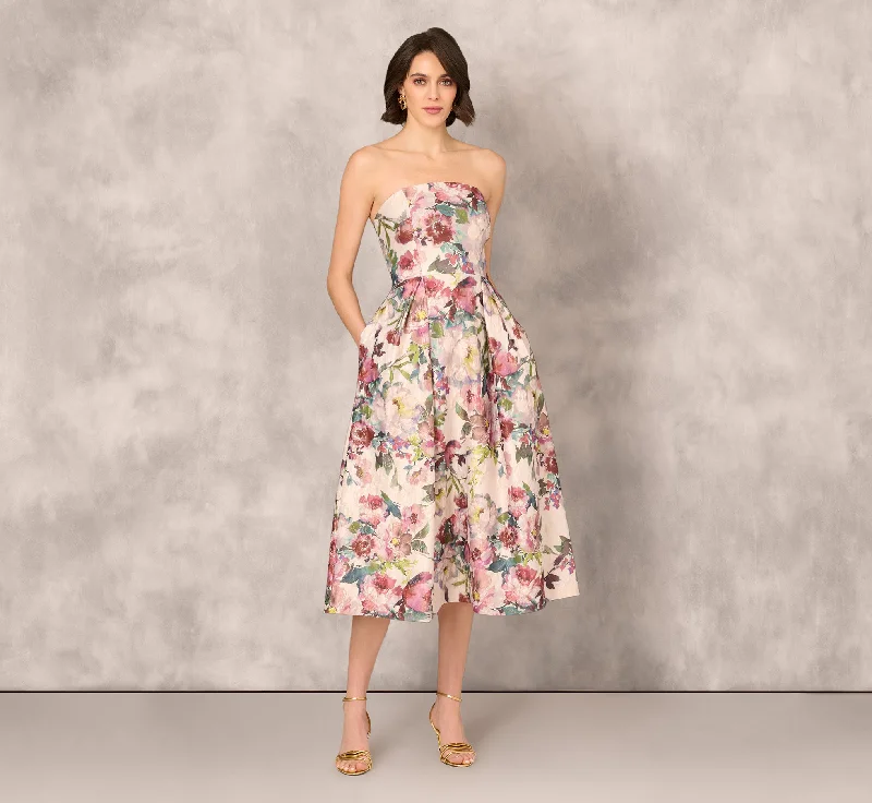 Midi dresses with geometric cutouts for a contemporary and edgy look Strapless Floral Jacquard Midi Dress In Pink Multi Midi dresses with geometric cutouts for a contemporary and edgy look Strapless Floral Jacquard Midi Dress In Pink Multi