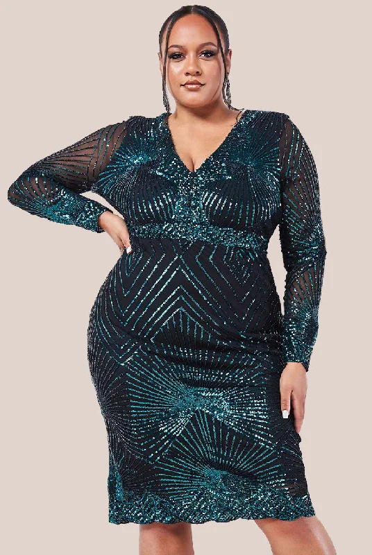 High - low midi dresses with geometric patterns for a modern party Goddiva Plus Scalloped Hem Starburst Midi Dress - Emerald High - low midi dresses with geometric patterns for a modern party Goddiva Plus Scalloped Hem Starburst Midi Dress - Emerald
