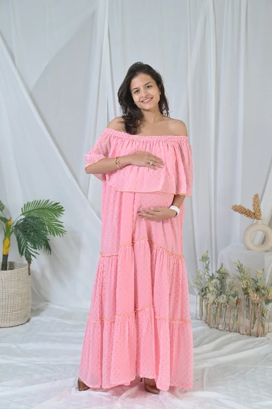 Maternity dress for a baby's baptism Elegant Peach Love Off-Shoulder Maternity Maxi Dress