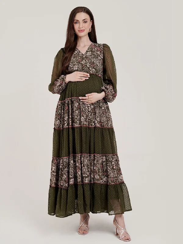 Off shoulder maternity evening dress for parties Boho Floral Maternity Long Dress