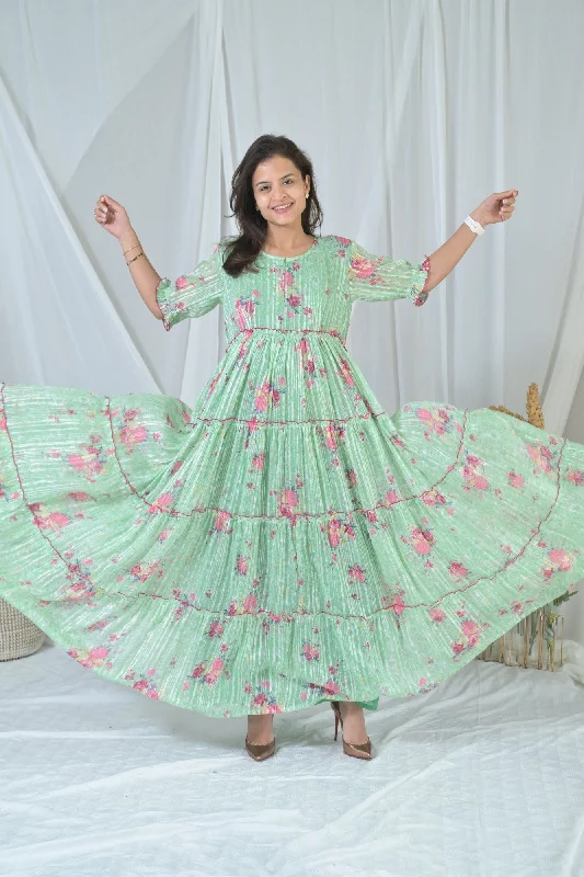 Long sleeve maternity maxi dress for winter Graceful Mint Green Frill Maternity & Nursing Dress