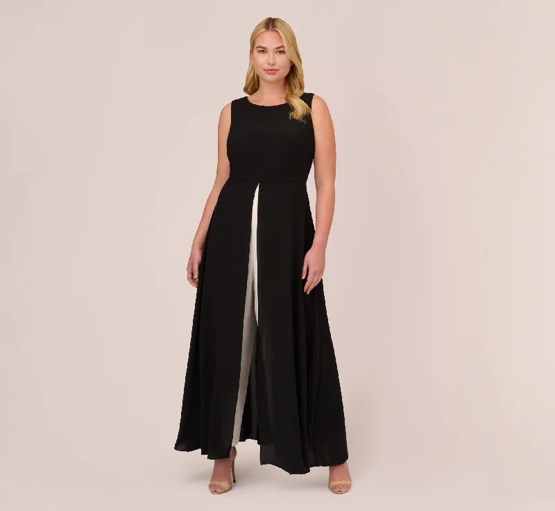  Plus Size Colorblock Jumpsuit With Skirt Overlay In Black Ivory
