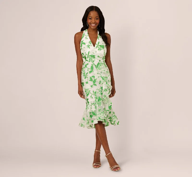 Midi dresses with gathered skirts for a full and flowing silhouette Sleeveless Organza Jacquard Mermaid Midi Dress In Green Ivory Midi dresses with gathered skirts for a full and flowing silhouette Sleeveless Organza Jacquard Mermaid Midi Dress In Green Ivory