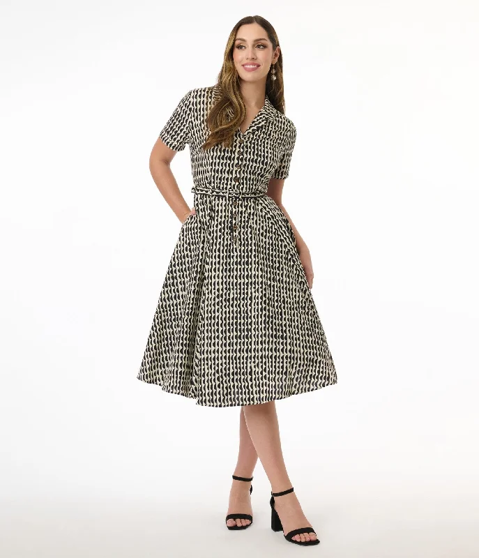 Everyday Dress with Embroidered Patches for a Bohemian Look​ Royal Monk Cream & Black Scalloped Stripes Cotton Swing Dress