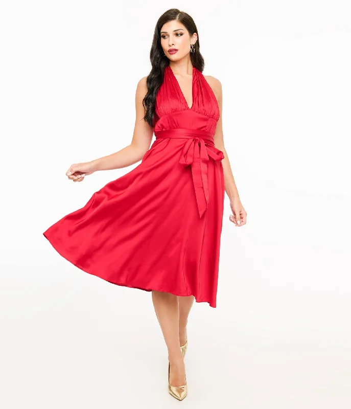  Unique Vintage Red Satin Halter Swing Dress