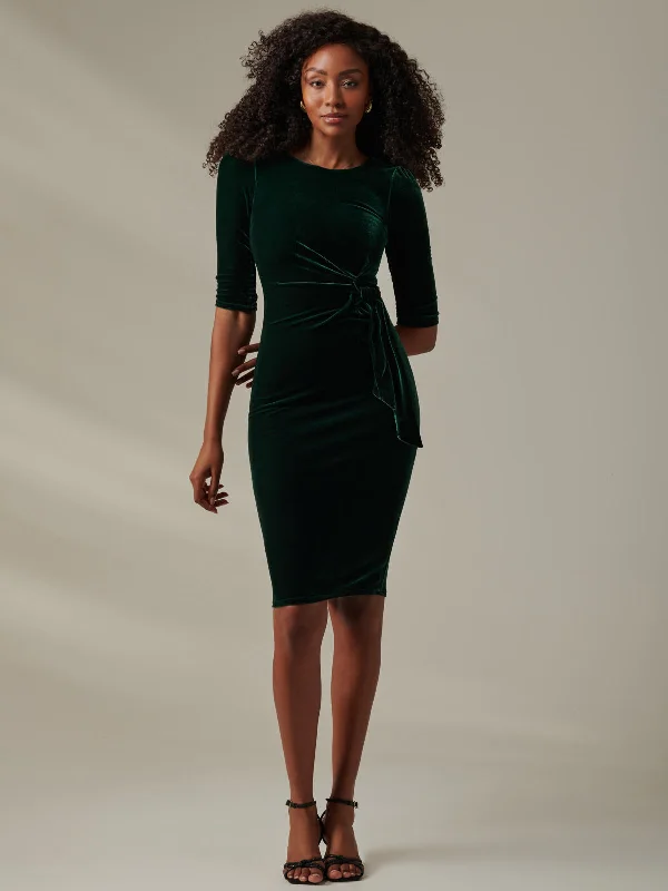 Sheath midi dresses with beaded embellishments for a formal occasion Velvet Side Tie Midi Dress, Dark Green