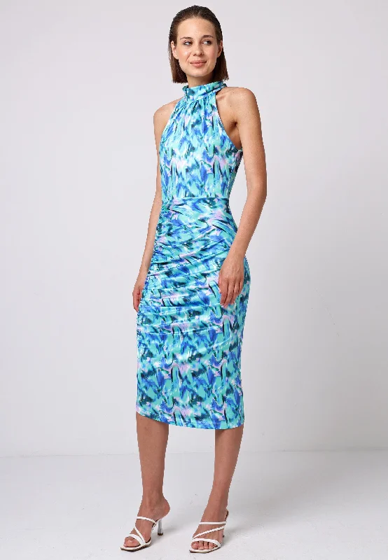 Midi dresses with metallic threads for a glamorous evening event Angeleye Halter Neck Ruched Sides Midi Dress In Green Print Midi dresses with metallic threads for a glamorous evening event Angeleye Halter Neck Ruched Sides Midi Dress In Green Print