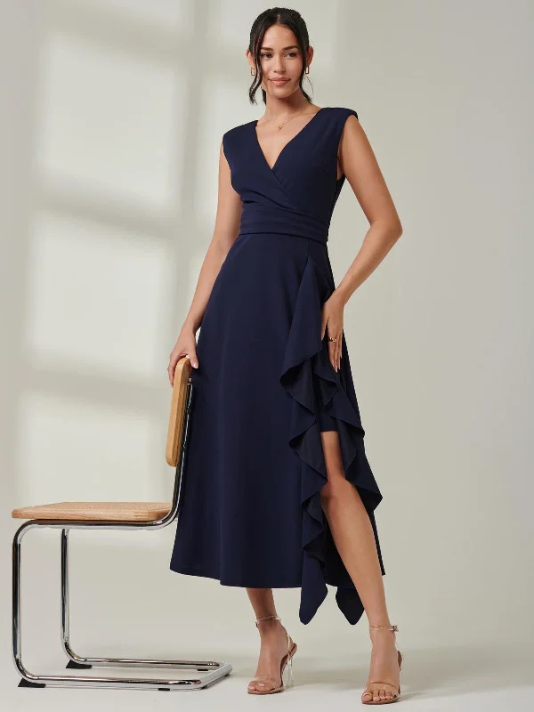 Midi dresses with ruched sleeves for a more fitted and stylish arm look Wrap Front Frill Detail Maxi Dress, Navy Midi dresses with ruched sleeves for a more fitted and stylish arm look Wrap Front Frill Detail Maxi Dress, Navy