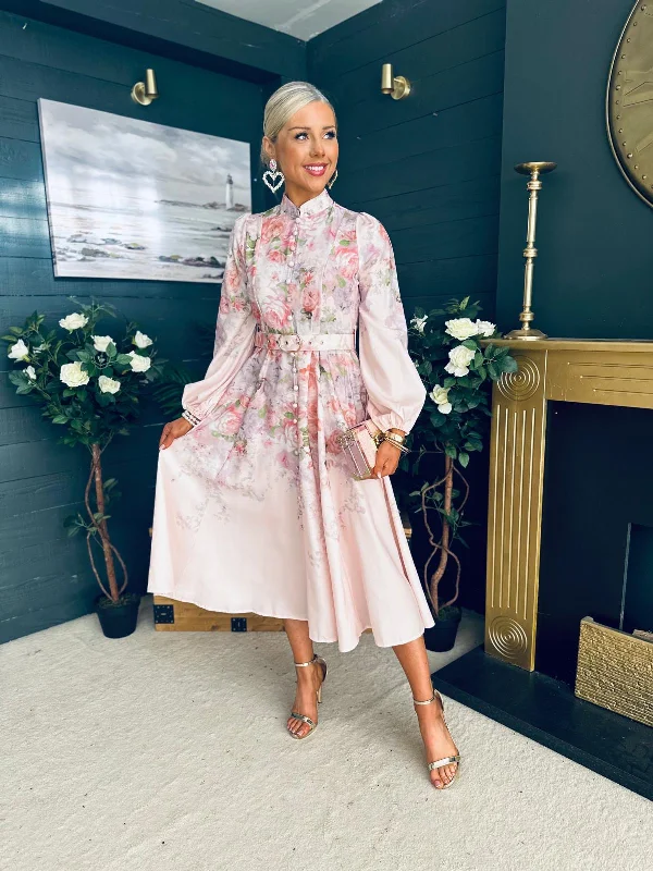 Everyday Dress with Belted Waist for Definition​ Karl Detailed Occasion Dress Floral Pwr Pink