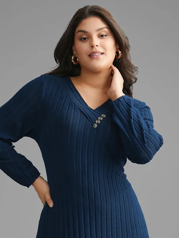 Everyday Dress with Water - resistant Coating for Outdoor Activities​ Plain Rib Knit Button Detail Dress