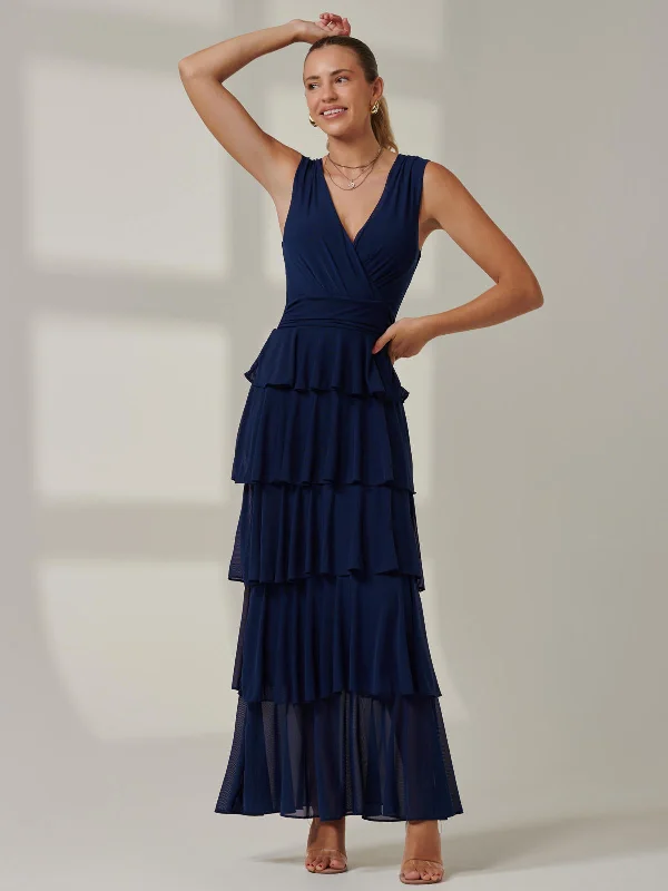 Midi dresses with animal prints for a bold and confident appearance Plain Tiered Mesh Maxi Dress, Navy Midi dresses with animal prints for a bold and confident appearance Plain Tiered Mesh Maxi Dress, Navy