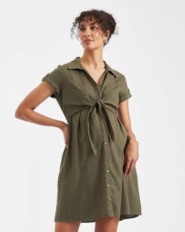 Maternity dress for a baby's first visit to the vertical garden Colette Tie Up Linen Dress Olive