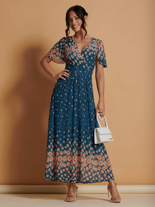 Maxi - inspired midi dresses with flowing fabrics for a beachy vibe Mirrored Mesh Angel Sleeve Maxi Dress, Teal
