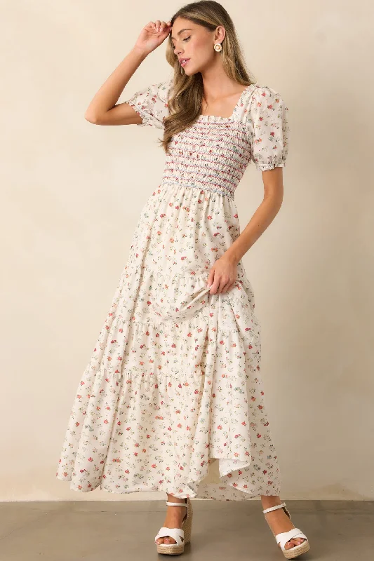 Modal Casual Dresses in Smooth Textures​ Floating Gardens Cotton Ivory Floral Puff Sleeve Maxi Dress