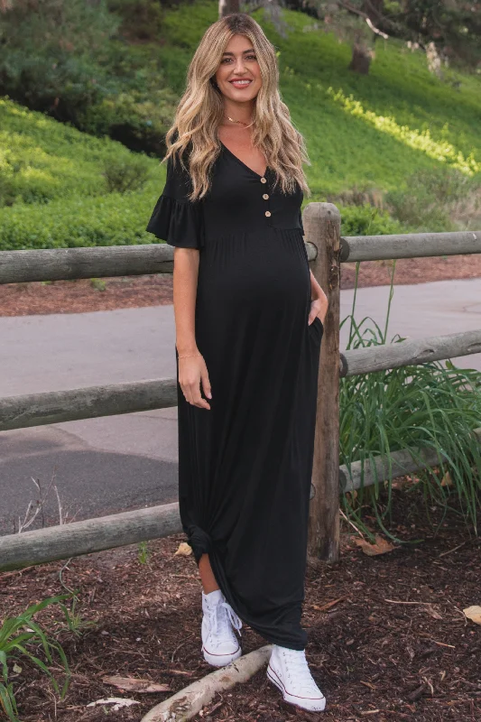 Maternity dress for a family photoshoot Black Button Ruffle Sleeve Maternity Maxi Dress