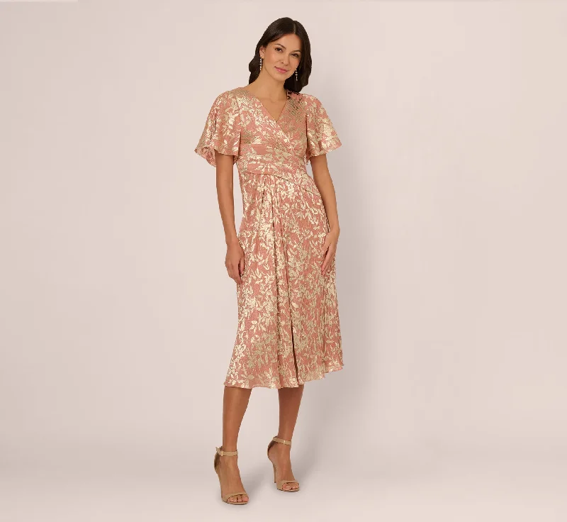 Midi dresses with denim fabric for a casual yet stylish day out Flutter Sleeve Draped Foil Leaf Midi Dress In Coral Gold Midi dresses with denim fabric for a casual yet stylish day out Flutter Sleeve Draped Foil Leaf Midi Dress In Coral Gold