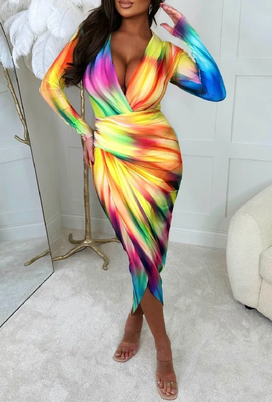 Midi dresses with ruffled hems for a romantic date night Chasing Rainbows Multi Shoulder Padded Long Sleeve Ruched Midi Dress Midi dresses with ruffled hems for a romantic date night Chasing Rainbows Multi Shoulder Padded Long Sleeve Ruched Midi Dress