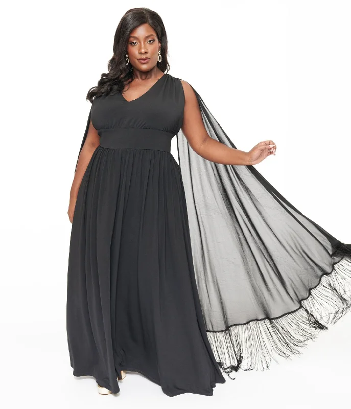 Everyday Dress with Anti - allergenic Material for Sensitive Skin​ Smak Parlour Plus Size 1970s Black Fringe Cape Maxi Dress